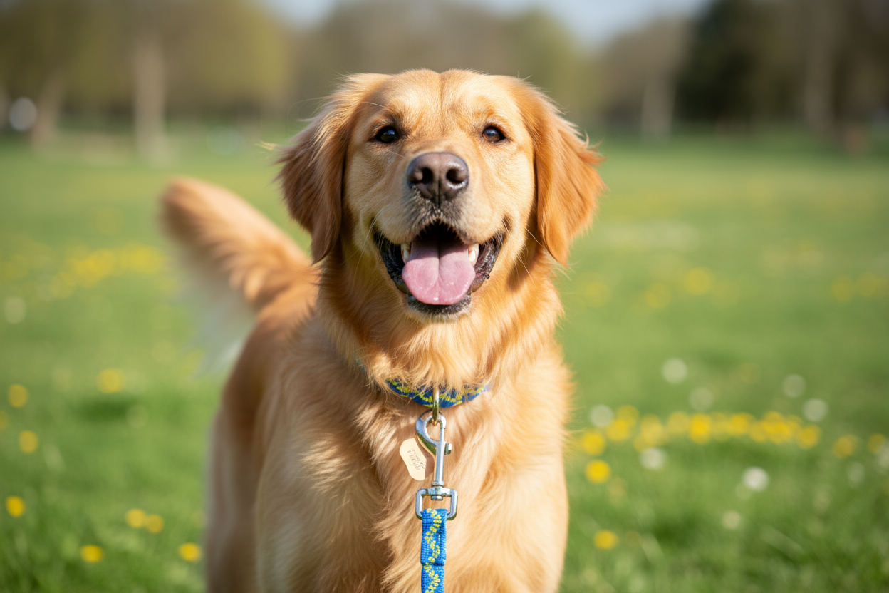 A happy dog similing into the camera with a new leash on!
