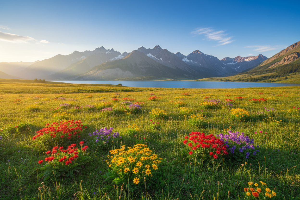 give me a background of mountain ranges a large flat grass land in front and a lake - pictured in the summer so the sky is glistening but the grass has high patches with flowers
